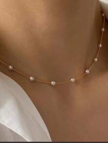 1pc Elegant Luxury Minimalist Faux Pearl Necklace, Suitable For Women's Daily And Festival Wear - Pearl - View 2