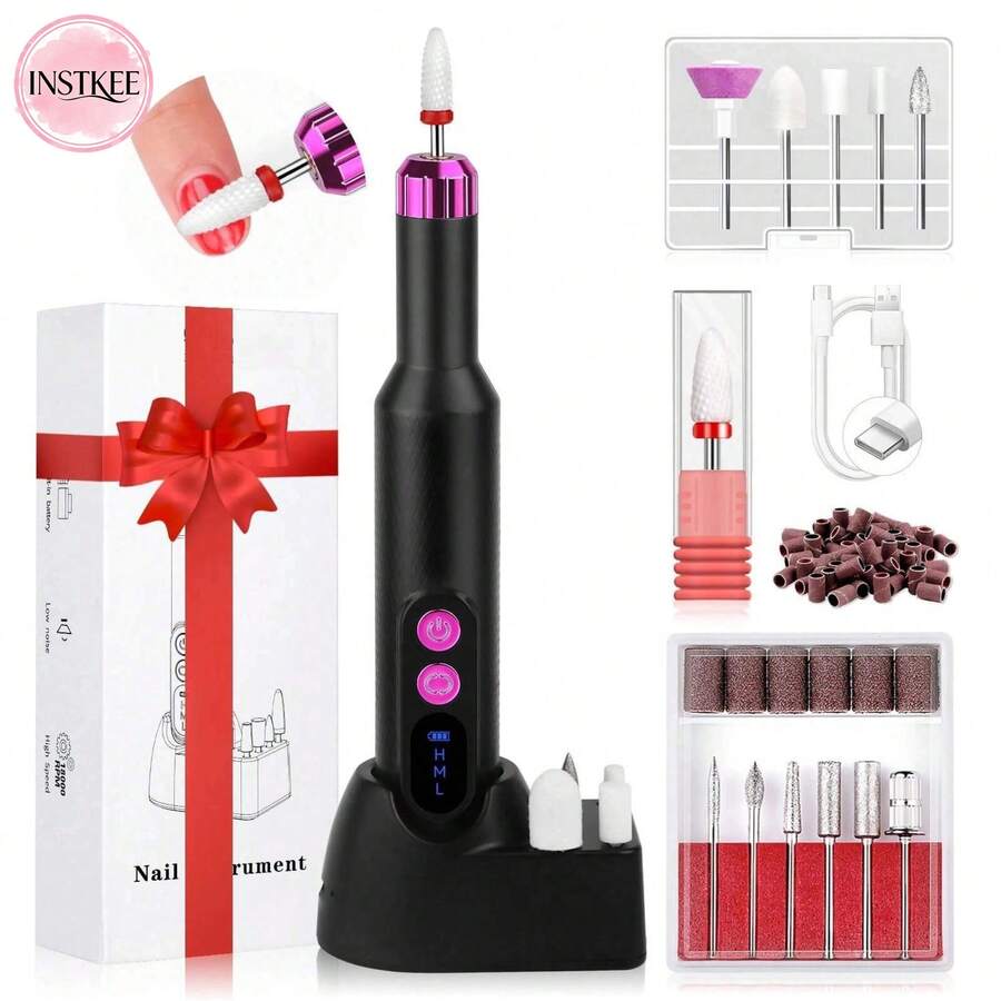 Cordless Electric Nail Drill, Rechargeable Nail File Kit For Gel & Acrylic Nails, Manicure Pedicure At Home/Salon, Perfect Gift For Women & Daily Essentials - 黑色 - 查看 1