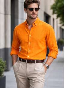 100% Cotton Linen, Breathable, Lightweight, Button-Down Collar, Men's Linen Shirt - Orange - View 1