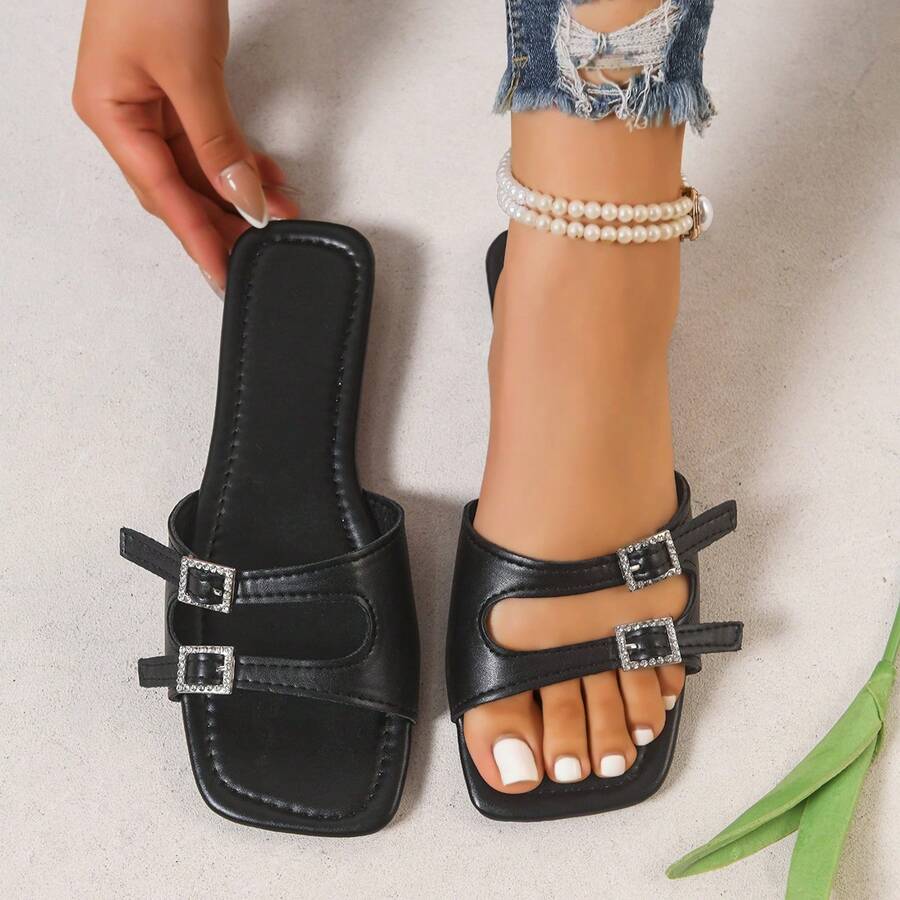 Women's Tie-Up Square Toe Woven Casual Flat Sandals - Black - View 1