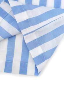 Plus Size Spring/Summer Casual Versatile Apricot Contrast Striped Round Neck Top With Asymmetric Side Slit Design, Pants With Spacious Pockets, Suitable For Ladies' Brunch, Summer Vacation And Other Occasions - Blue - View 11