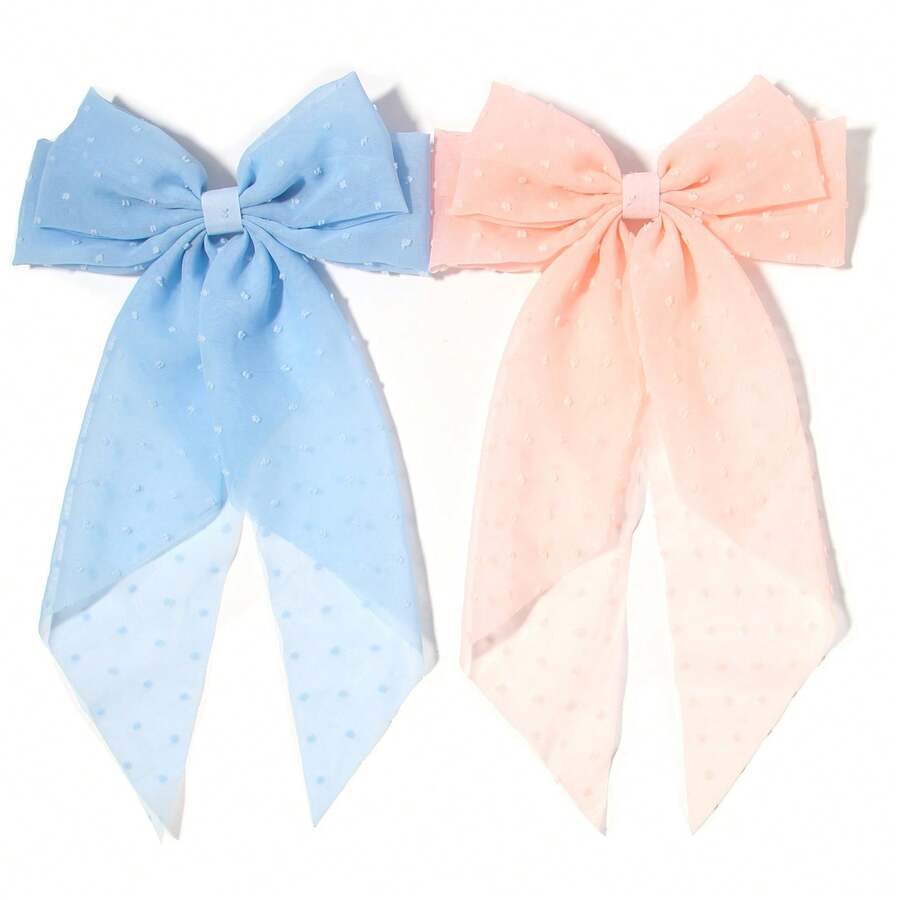 1件雪纺波点大蝴蝶结发饰，时尚长尾丝带马尾夹发夹 - 薄荷藍 - 查看 1