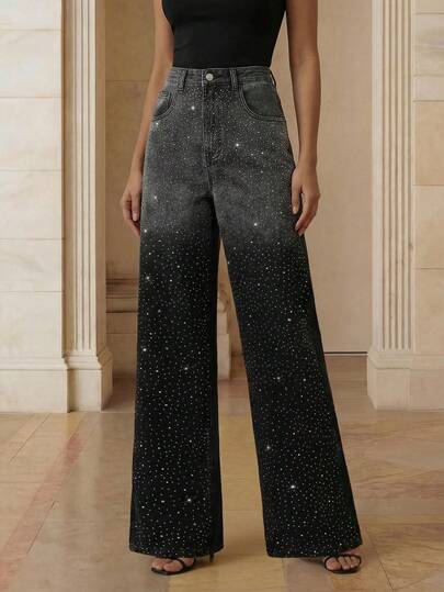 Playroots 女士新款时尚水钻装饰牛仔裤