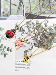 1 pieza Collar colgante de acero inoxidable chapado en oro de 18K con diseño de insecto, mariposa, abeja, mariquita, estilo minimalista y elegante, de moda y versátil - Multicolor - Ver 2