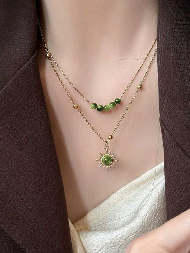1 chiếc vòng cổ mặt dây chuyền hoa hướng dương và đá mắt hổ mạ vàng cổ điển, thiết kế nhiều lớp, có thể dùng kèm áo len hoặc dây chuyền ngang xương đòn, thích hợp cho các bữa tiệc và tiệc chiêu đãi (màu hạt ngẫu nhiên) - màu xanh lá - Xem 3