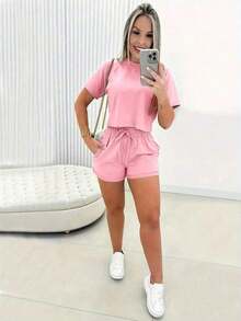 Conjunto de 2 piezas de camiseta de manga corta y pantalones cortos de unicolor casual para mujer - Rosa - Ver 4