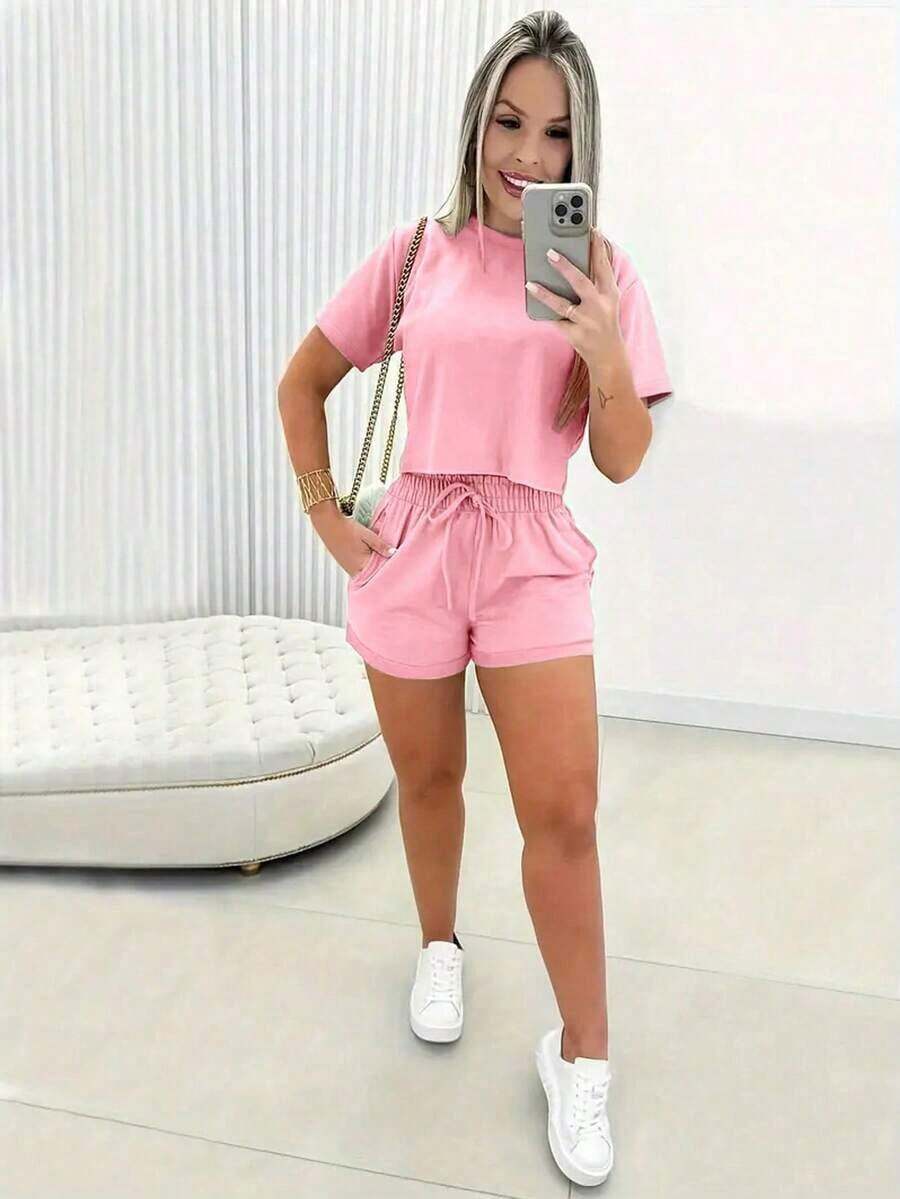 Conjunto de 2 piezas de camiseta y pantalones cortos de unicolor casual para mujer - Rosa - Ver 1