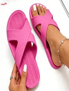 Chanclas de Mujer Cómodas Sandalias Planas Antideslizantes para Casa Playa Verano Suaves con Diseño Ergonómico Tacón Reforzado - Rosa Fucsia - Ver 2