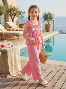 BASUSARRI 荷叶边吊带针织背心和直筒阔腿裤套装，时尚百搭，淑女甜美可爱，适合情人节、约会、聚会等场合，女生适用。 - 粉色 - 查看 3