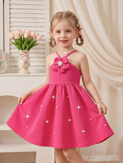 BASUSARRI Vestido sin mangas con cintura con cuentas y dobladillo con estampado floral para niñas, estilo minimalista lindo, adecuado para fiestas de cumpleaños y ocasiones festivas