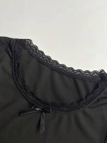 Camiseta interior de punto acanalado de manga larga con cuello cuadrado, lazo y encaje sexy para mujer - Negro - Ver 8