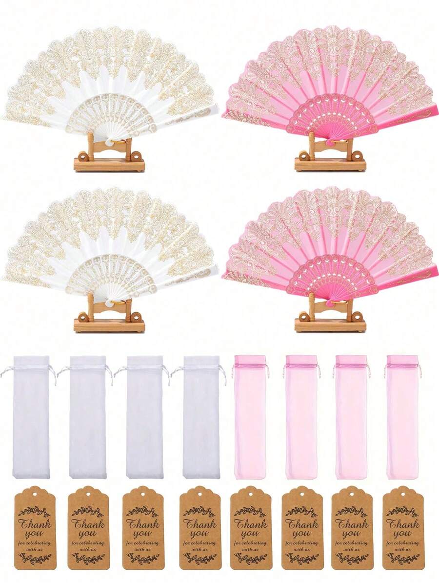 婚礼派对礼品套装，金色/粉色婚礼折扇，欧根纱袋，感谢卡，纪念礼品套装，适合赠送朋友、宾客、新娘送礼会、生日派对、拍照道具 - 多色 - 查看 1