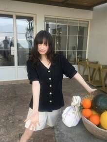 Black V-Neck Spring/Summer Short-Sleeved Loose-Fitting Front-Button Casual Women's Shirt - Black - View 11