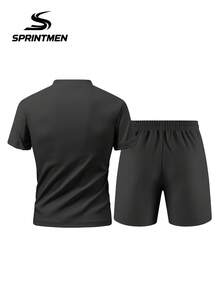 两件套黑色华夫格针织男士短袖短裤套装，半拉链立领设计，男士T恤和短裤，男士运动服，健身男友风，可机洗，适合夏季日常通勤、健身、跑步、户外运动 - 黑色 - 查看 4