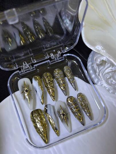 10Pcs Long Press On Nails Stiletto Shape Modernist White Silver&Gold 3D Three-Dimensional Decoration Y2K Rock Style ,Slivet Cat Eyes&Evil EyeFull Cover Fake Nails Set European Style Metal Technology Design Street Cool Punk Full Cover Acrylic Sliver Press On Nails Kit For Women And Girls Classic Handmade Nails With 1 Jelly Pad And 1 Nail File