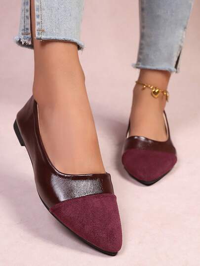 1 Pair Women's Flat Slip-On Shoes, Burgundy Fashion Patchwork Pointed Toe Loafers, Retro Versatile Soft Bottom Comfortable EU Size, Suitable For All Seasons
