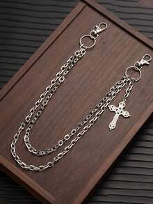 1pc Vintage Cross Double Layer Chain Waist Chain, Sweet & Cool Style Personalized Jeans Chain Accessory, Suitable For Daily Wear - Silver - View 2