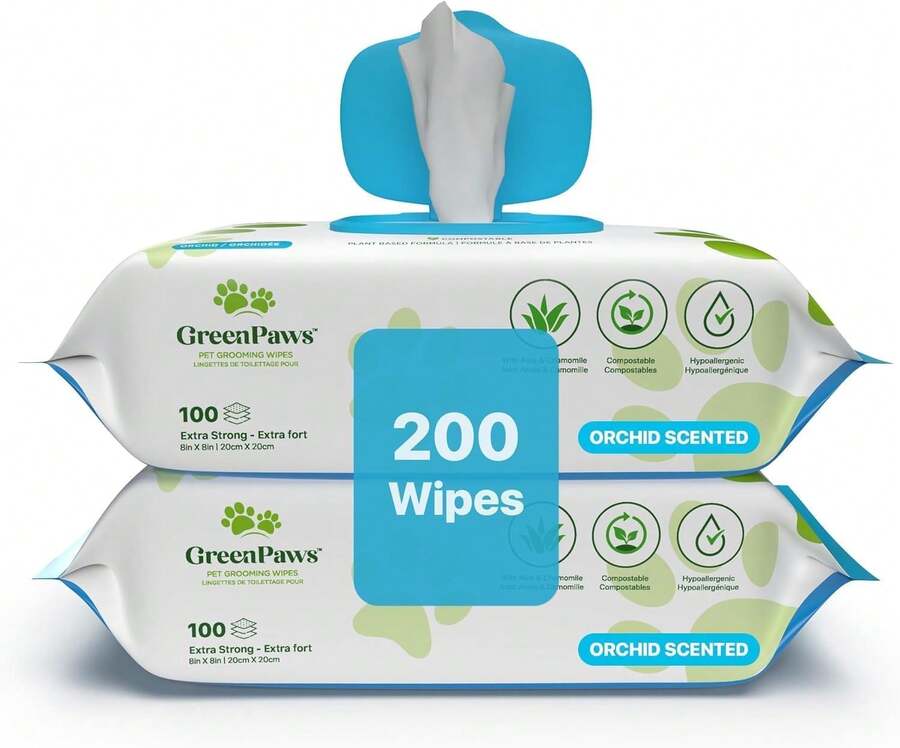 400 Count Orchid Scented Wipes 2 Pack Plant Based Compostable Grooming Wipes For Dogs Cats Strong For Paws Body Ears Daily Cleaning Deodorizing - Gói 200 chiếc/hộp - Xem 1