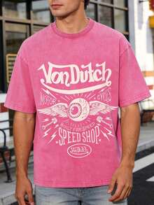 100% Cotton Washed Distressed Print Tee, Retro Streetwear Crew Neck Top, Pink Acid Wash "Speed Shop" Winged Eye Graphic, Vintage Motorcycle Themed Short Sleeve Oversized Tee, Summer Vintage Outfit For Men - 粉色 - 查看 2