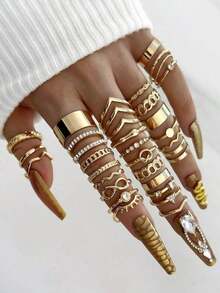 30pcs Luxury Wave Pattern Geometrically Shaped Ring With Inlaid Diamond, Suitable For Women's Daily Wear - 黃金2 - 查看 1