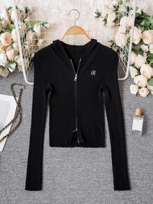 Áo khoác cardigan dệt kim gân có mũ, áo len đa năng ôm dáng với khóa kéo đôi, áo tay dài mỏng với thêu chữ, màu đen mùa xuân/hè. - màu đen - Xem 7