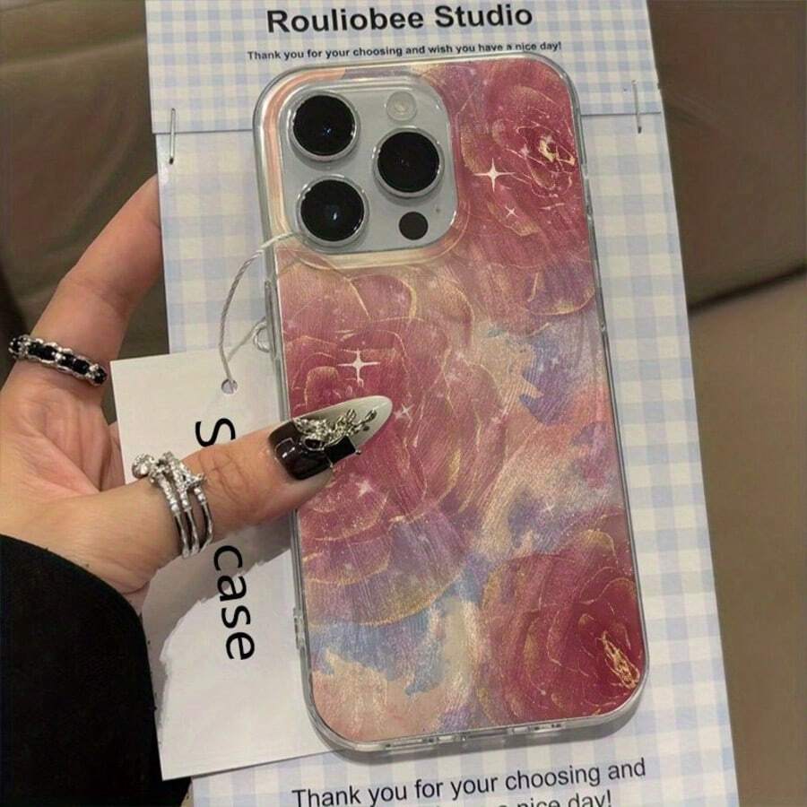 Refreshing Stained Glass Flower Pattern Feather Chiffon Lens Half-Covered Phone Case, Suitable For IPhone 17/16/15/14/13/12/11/XS/XR/X/7/8 Plus/Pro/Max/Mini - Creative Fashionable Minimalist Design Personalized Full-Coverage Anti-Fall Protective Case - Camlet - View 1