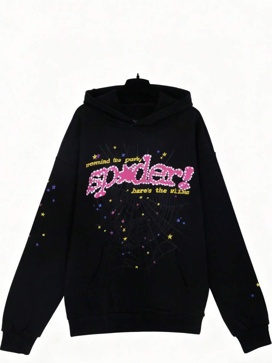 Autumn/Winter Y2K Streetwear Hip Hoodie With Spiderweb Print, Fashionable Sporty Hoodie - 黑色 - 查看 1