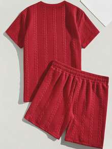 Men's Summer Letter Print Round Neck Short Sleeve Casual T-Shirt And Drawstring Waist Shorts Set Sports - Red - View 2