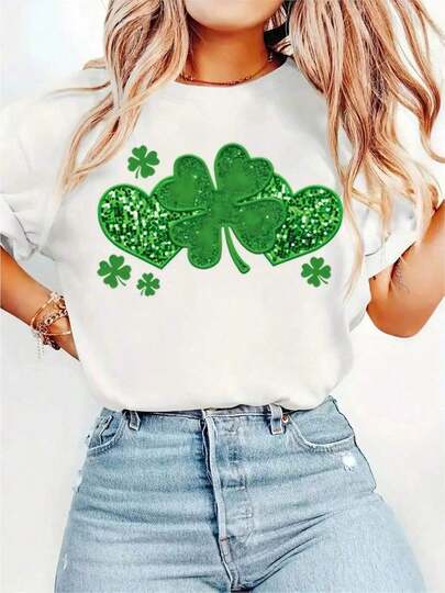 Camisetas de primavera de talla - Talla - Camiseta de manga corta con cuello redondo verde para mujer con diseño festivo de trébol de cuatro hojas, adecuada para el Día de San Patricio - Ropa casual de estilo irlandés para primavera y verano, holgada y cómoda para el verano.