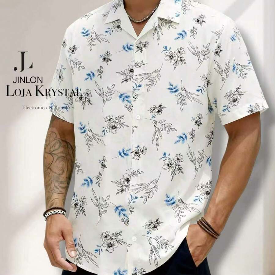 JL Men's Hawaiian Floral Beach Shirt, Short Sleeve, Button-Down, Spring And Summer - Floral 31-Azul - 查看 1