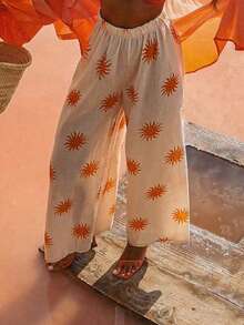 粉色向日葵印花休闲宽松长裤，带口袋，女士夏季服装，度假及海滩装扮，春季 - 杏色 - 查看 5