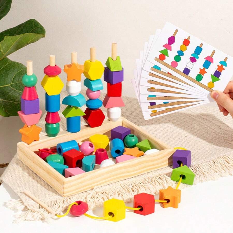 一套木制几何五件套圆柱积木，带珠子盒 - 生日礼物、夏季玩具、母亲节礼物、复活节礼物、万圣节礼物、圣诞节礼物、新年礼物、节日礼物、完美礼物、玩具、游戏畅销品