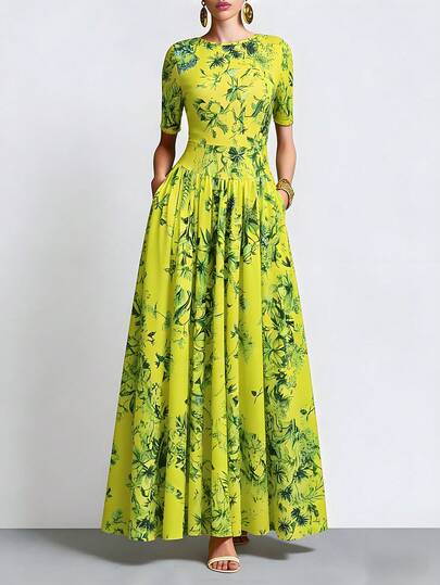 Elegant Lime Green Floral Boho Summer Maxi Dresses With Pockets For Women Spring Leaf Graphic Round Neck Short Sleeve A-Line High Waist Formal Long Birthday Dress Casual Going Out Gown Outfits Vacation Outfit Valentine's Day Clothes
