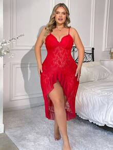 Plus Size Lace Sheer Ruched Slit Nightgown, Sexy Spaghetti Strap Lingerie Set - Red - View 5