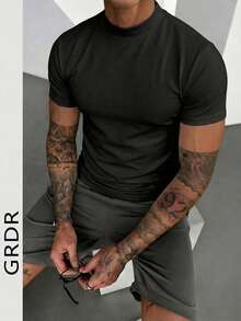 GRDR 男士夏季轻薄半高领短袖衫，适合户外休闲穿着 - 黑色 - 查看 3