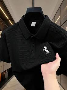 Plus Size Embroidered Apparel - Plus Size Men's Simple Pattern Embroidered Fashion Casual POLO Shirt, Turn-Down Collar Short Sleeve Great Wall Grid Pleated Textured Shirt Polo, Button-Down Turn-Down Collar Short Sleeve Shirt - Black - View 1