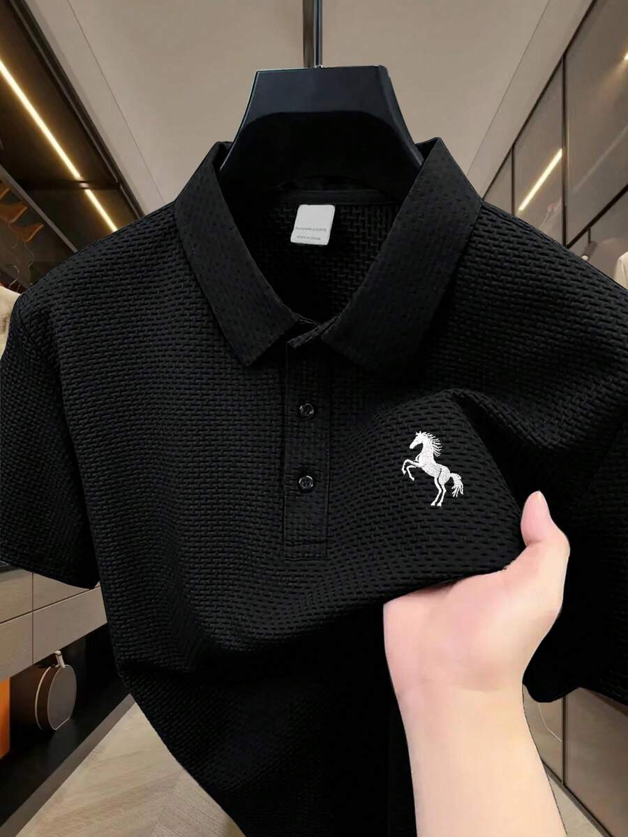 Plus Size Embroidered Apparel - Plus Size Men's Simple Pattern Embroidered Fashion Casual POLO Shirt, Turn-Down Collar Short Sleeve Great Wall Grid Pleated Textured Shirt Polo, Button-Down Turn-Down Collar Short Sleeve Shirt - Black - View 1