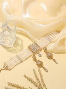 2pcs Moroccan Gold-Plated Jewelry Set For Women, Necklace & Earrings, Vintage Palace Style, Bridal Wedding Accessories, Gift For Her - Gold - View 11