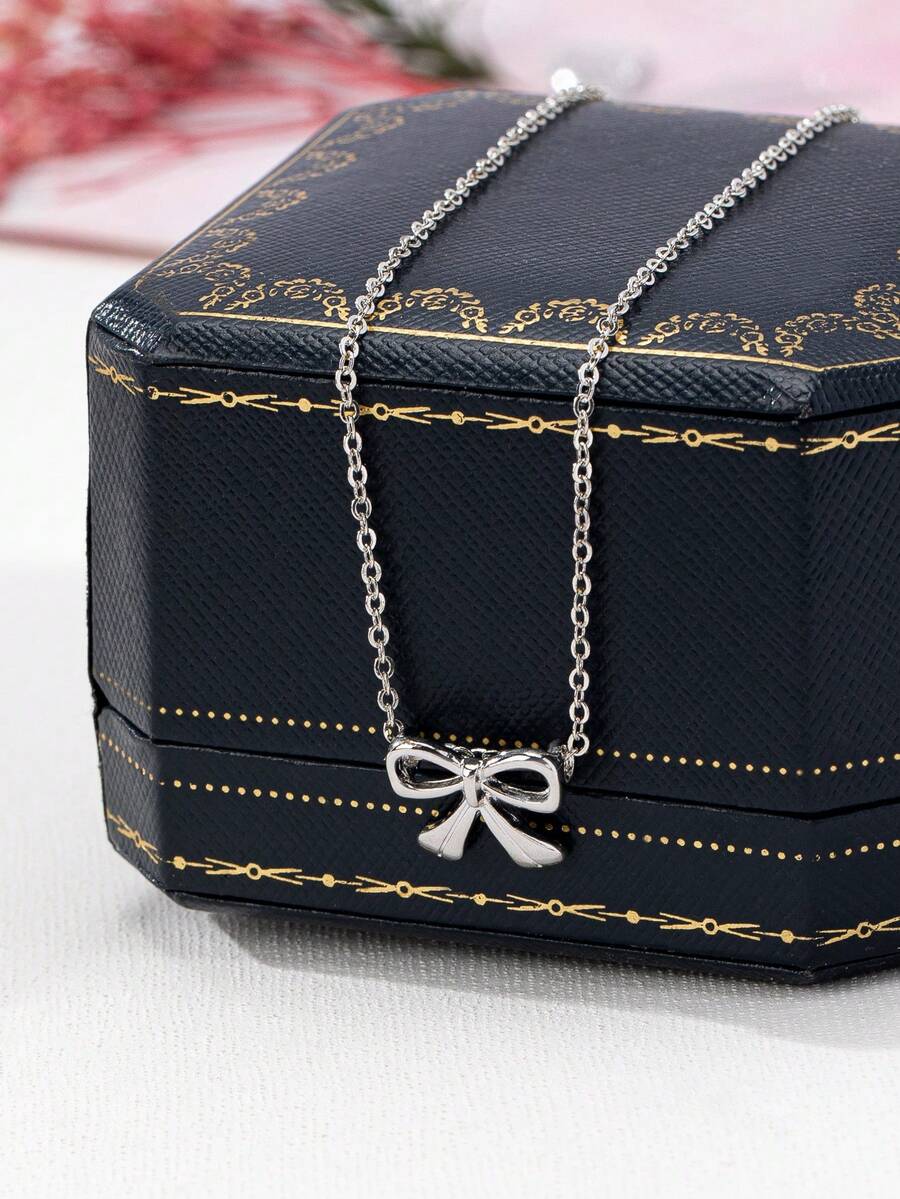 1 pieza Collar con colgante de lazo, uso versátil diario para mujeres - Plateado - Ver 1