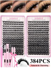 384片睫毛套装，8-16mm混合密度睫毛工具套装，新款12-18mm猫眼D卷睫毛，DIY自然妆容睫毛嫁接套装，超柔软轻盈睫毛嫁接套装，睫毛胶水套装，适合日常使用、婚礼、约会、派对、音乐节、万圣节、簇状睫毛、单根睫毛、专业假睫毛妆容 - 彩色 - 查看 12