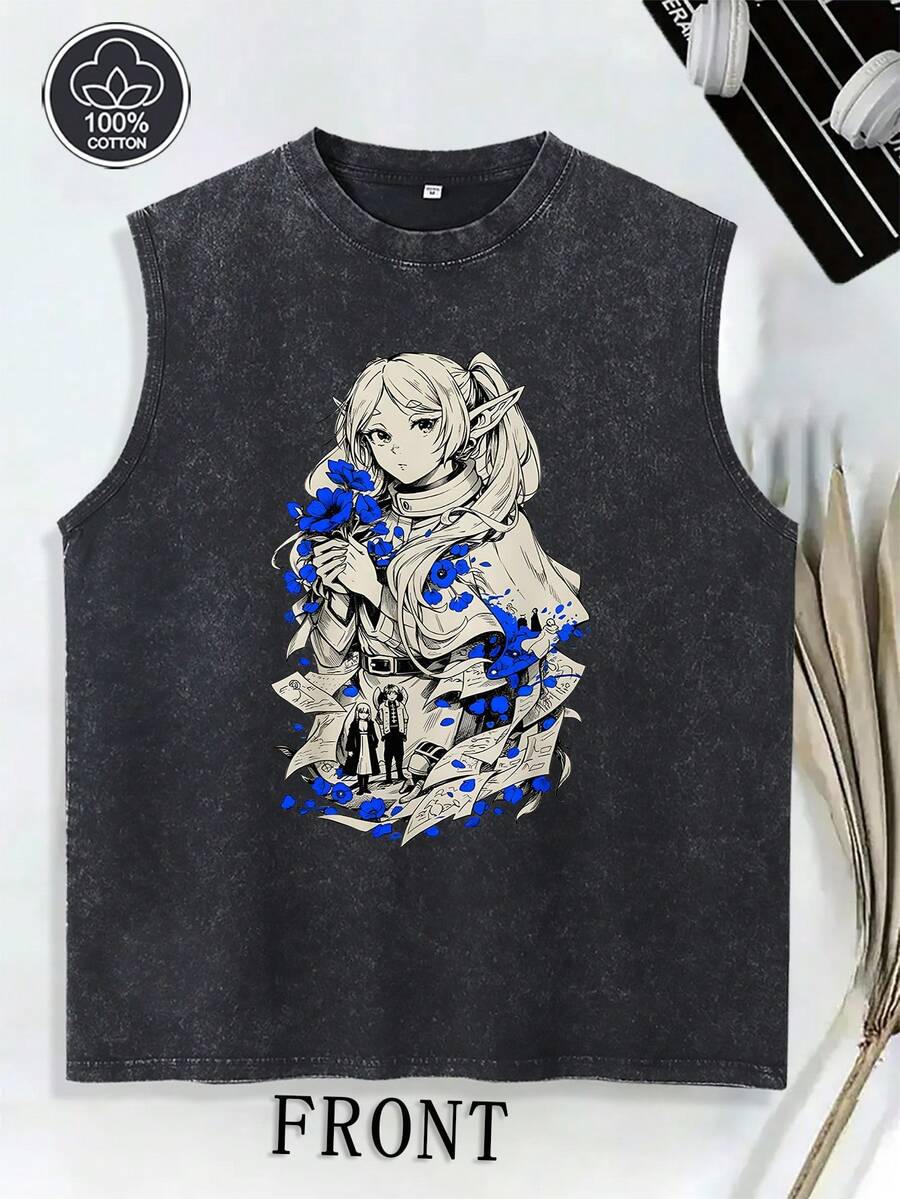 Frieren Beyond Journey's End Anime Washed Men's Summer Clothes Waistcoat Unisex, Heavy Cotton Casual Streetwear Vintage Urban Waistcoat - màu đen - Xem 1
