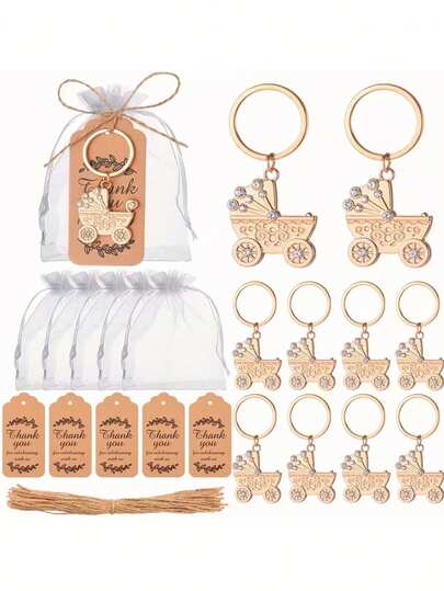 20pcs/Set Gold Shopping Cart Keychain Gift Set, Includes Sandbag, Card, And Rope, Ideal For Weddings, Parties, Birthdays As Guest Favors And Decorations