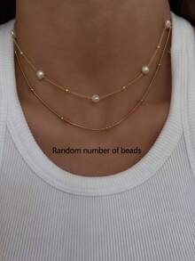 2件套简约优雅仿珍珠项链，适合女性日常生活、约会、派对等场合，可叠戴（珍珠数量随机） - 金黃色 - 查看 1