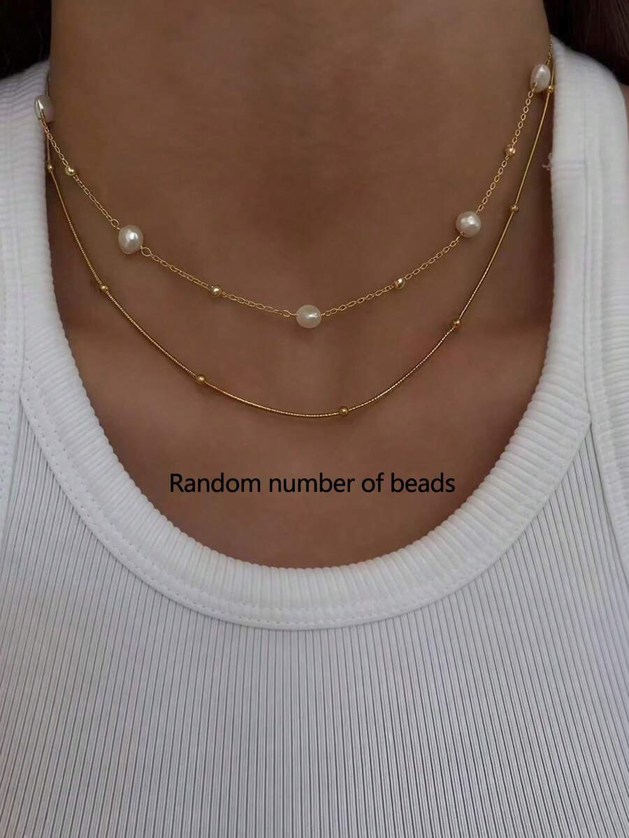2件套简约优雅仿珍珠项链，适合女性日常生活、约会、派对等场合，可叠戴（珍珠数量随机） - 金黃色 - 查看 1