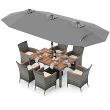 8 PCS Outdoor Wicker Dining Furniture & Double-Sided Umbrella With Solar LED Lights - 灰色的 - 查看 2