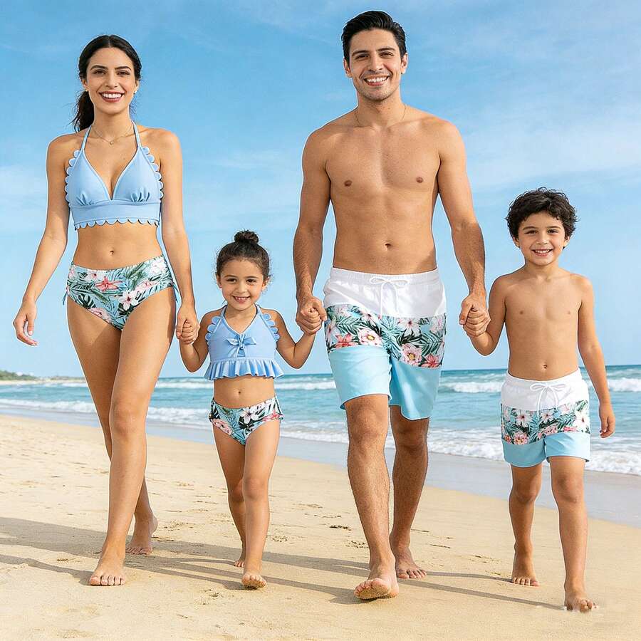 Family Matching Swimsuits Summer 2Piece High Waist Bikini Set Floral Print Ruffle Hem Mommy And Me Mother And Daughter Tankini Set Swimwear Father And Son Matching SwimTrunks Beachwear Bathing Suit - Mom - 查看 1