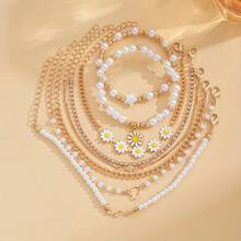 8件套雏菊和心形吊坠仿珍珠手链套装，简约波西米亚风格，适合约会、度假和日常佩戴 - 金色 - 查看 6