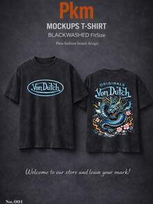 Men Washed Cotton Streetwear Brand Originals Vons Dutchs Snake And Clover Print Casual Tee For Daily Wear Outdoors | Front And Back Print | Vintage Heavyweight T Shirt | Perfect Gift | Loose Comfortable Breathable | Machine Washable Fabric | Hip Hop Cool Style | Drippy Clothes | Y2K - 黑色 - 查看 2