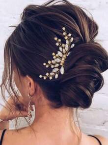 1pc Bridal Alloy Rhinestone Hair Comb, Suitable For Wedding, Party, Gathering - Gold - View 2