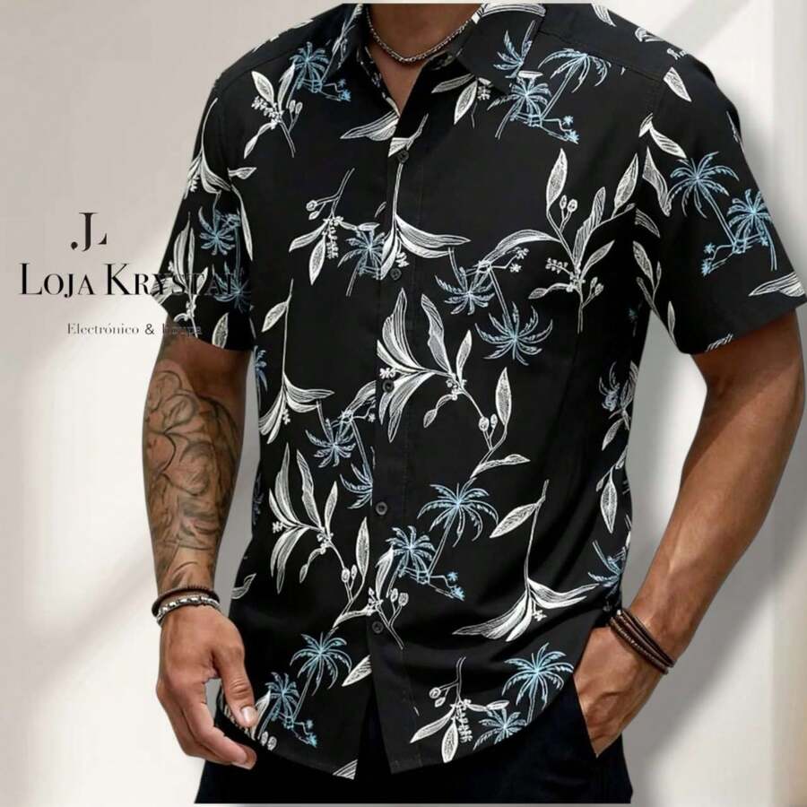 JL Men's Hawaiian Floral Beach Shirt, Short Sleeve, Button-Down, Spring And Summer - Floral 28 - View 1